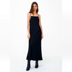 ZARA Black Satin Cowl Neck Strappy Camisole Draped Dress Size Small